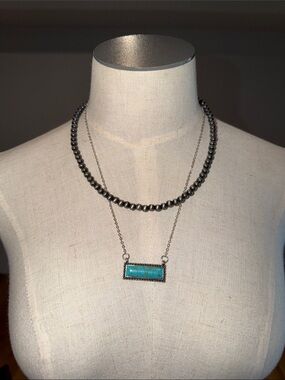 Silver Bead and Turquoise Bar Layered Necklace